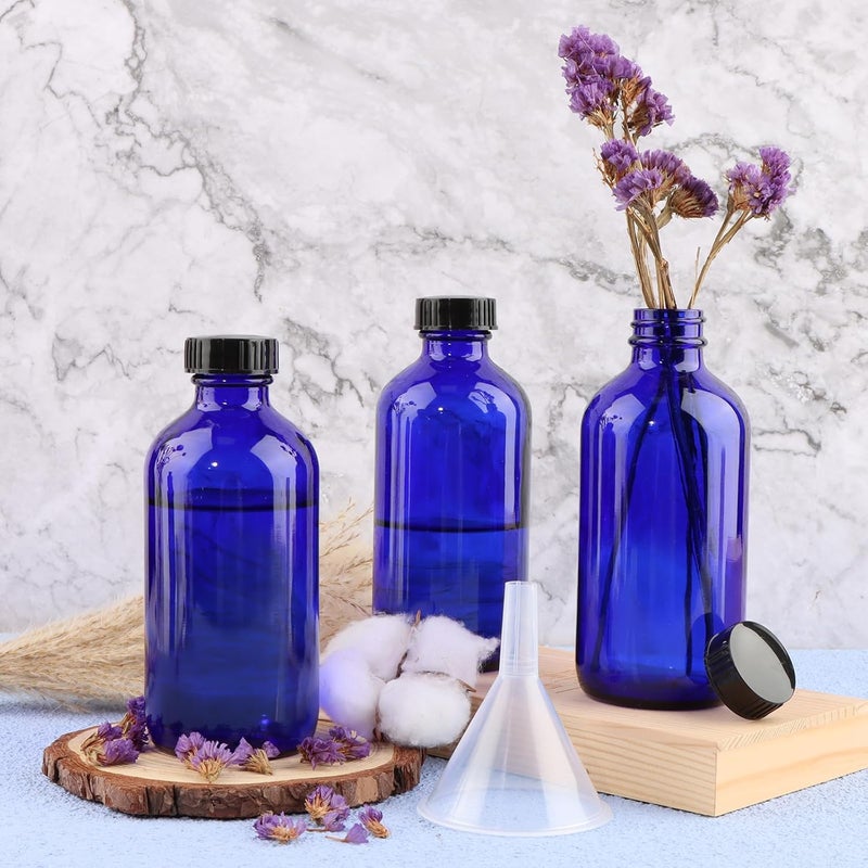 PINIWON 12 Pack 8 oz Cobalt Blue Glass Bottles, 240ml Boston Round Sample Bottles with Black Poly Cone Caps, Labels and Funnels - Image 5